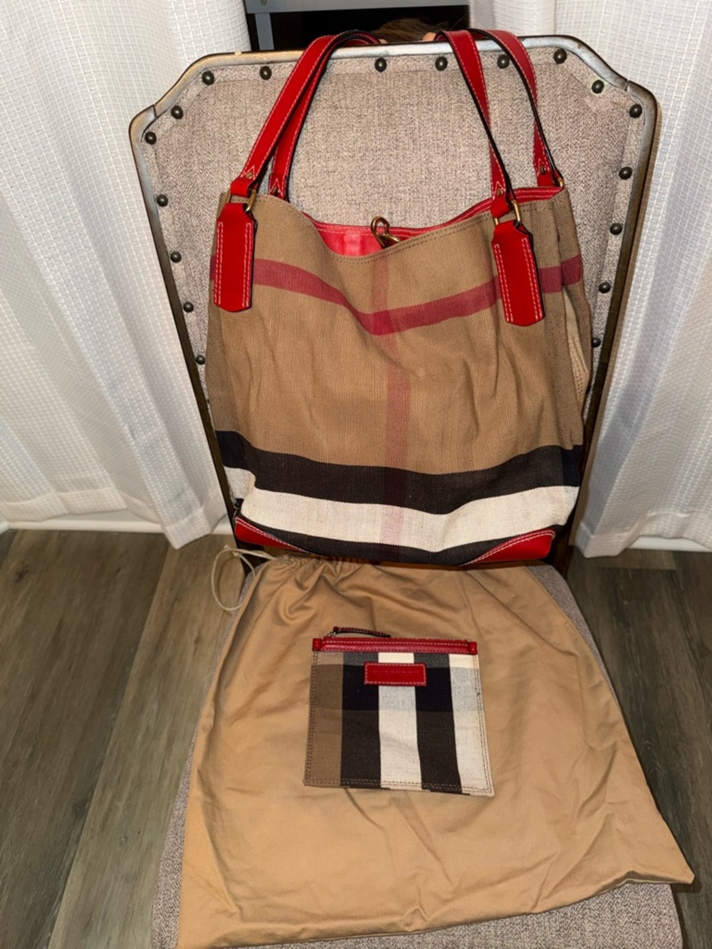 Canvas Shoulder Tote with Red Leather Trim - Picture 2 of 5